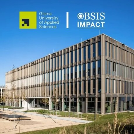 Campus building of Gisma University of Applied Sciences with BSIS Impact logo.