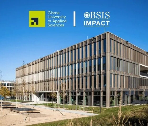 Campus building of Gisma University of Applied Sciences with BSIS Impact logo.