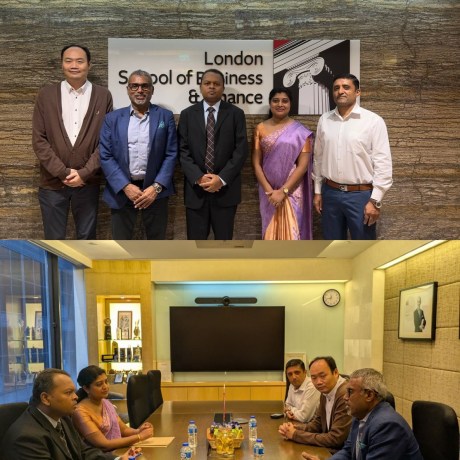 Five professionals posing in front of London School of Business & Finance signage.