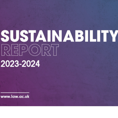 Sustainability Report 2023-2024 cover with purple and blue gradient background, displaying www.law.ac.uk website.