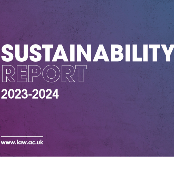 Sustainability Report 2023-2024 cover with purple and blue gradient background, displaying www.law.ac.uk website.