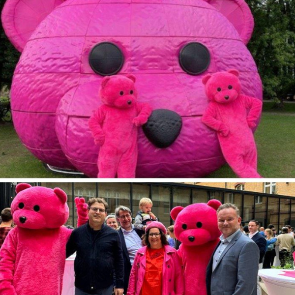 Collage of the Pink Bear event at he Altonale Cultural Festival in Hamburg featuring a giant pink bear and delegates from UE.