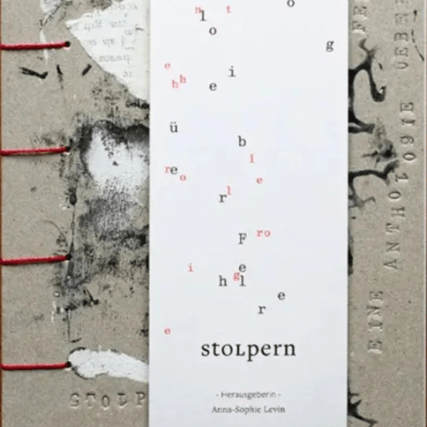 Minimalist book cover with textured gray background, red stitching, and the title 'stolpern' on a white strip.