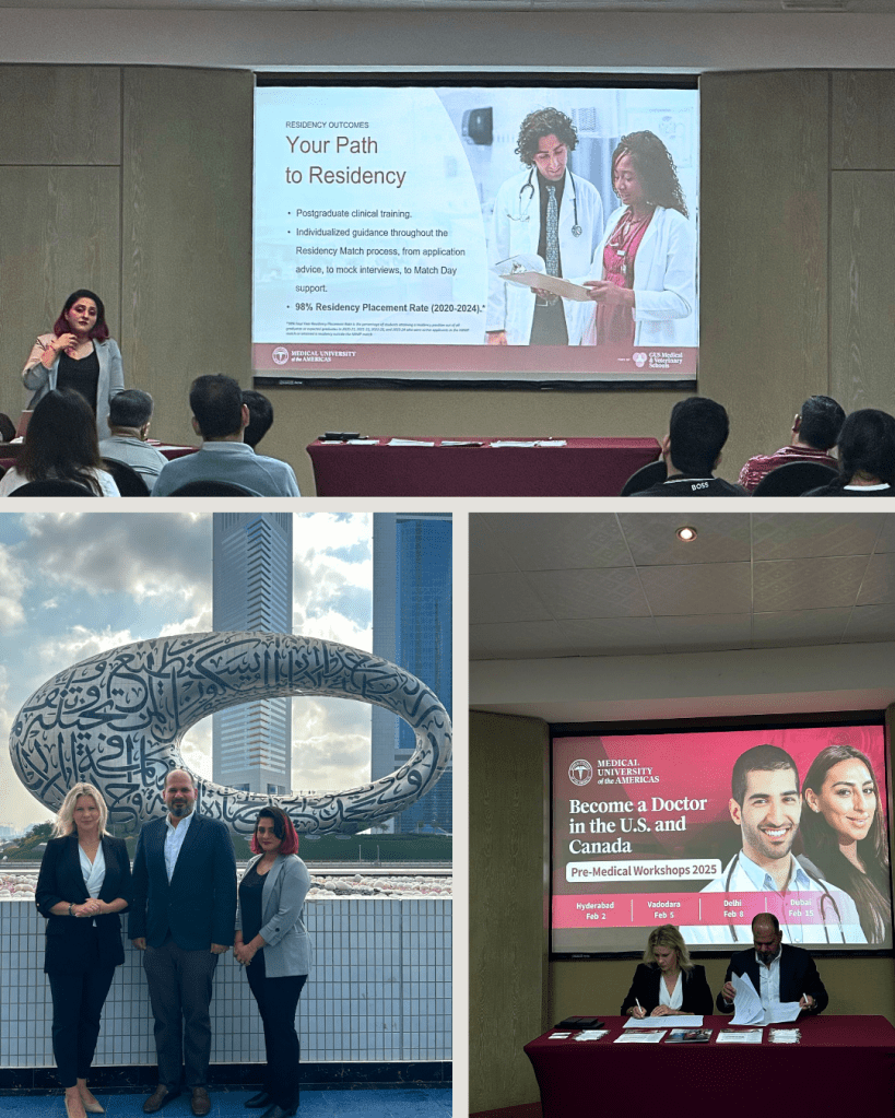 Collage of events featuring representatives from Medical University of the Americas and Education Pathways Dubai.