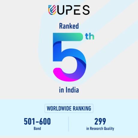 UPES ranked 5th in India and in the 501–600 band worldwide, 299 in research quality — Times Higher Education World University Rankings 2026.
