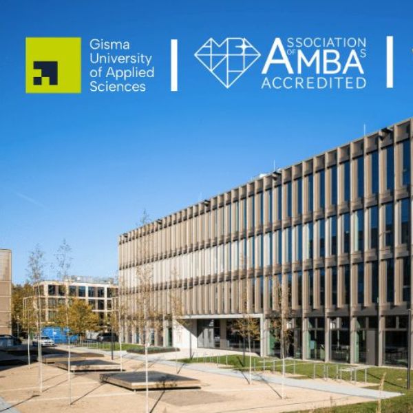 Gisma University of Applied Sciences campus building with AMBA and Business Graduates Association accreditation logos.