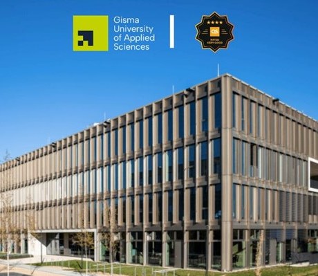 Promotional image of the Gisma University of Applied Sciences campus building, featuring the university logo and a badge highlighting its QS Stars overall rating against a clear blue sky background.