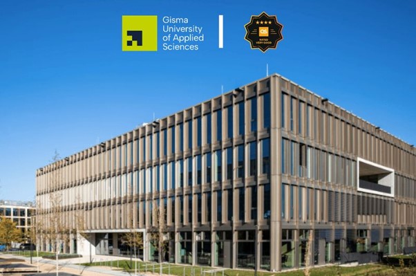 Promotional image of the Gisma University of Applied Sciences campus building, featuring the university logo and a badge highlighting its QS Stars overall rating against a clear blue sky background.