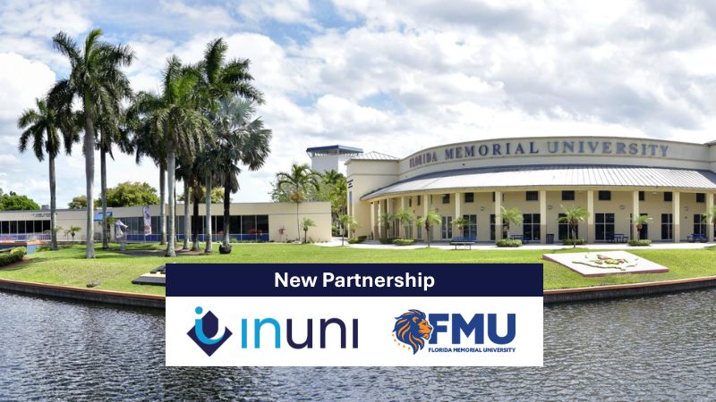 Florida Memorial University campus building with palm trees and a waterfront in the foreground, featuring a ‘New Partnership’ banner with InUni and FMU logos.