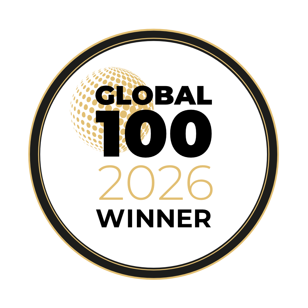 Circular Global 100 Winner 2026 award badge featuring bold black and gold text with a stylised gold globe design on a white background.