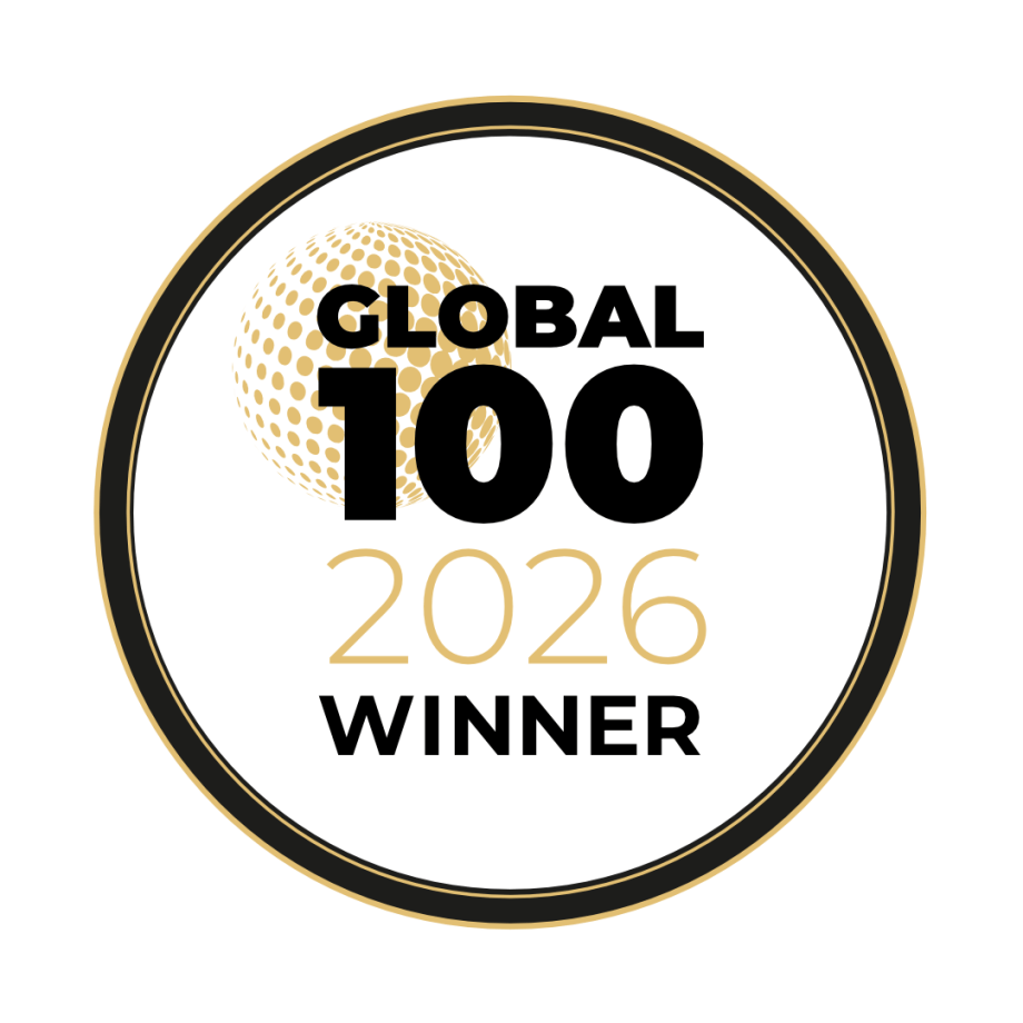 Circular Global 100 Winner 2026 award badge featuring bold black and gold text with a stylised gold globe design on a white background.