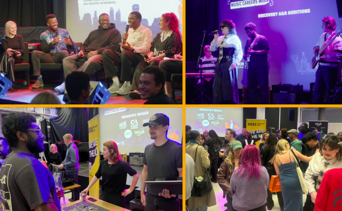 Collage of scenes from LCCM Music Careers Week, featuring panel discussions, live music performances, networking sessions, and attendees engaging with industry professionals at a music careers and industry event.