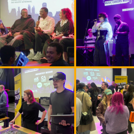 Collage of scenes from LCCM Music Careers Week, featuring panel discussions, live music performances, networking sessions, and attendees engaging with industry professionals at a music careers and industry event.
