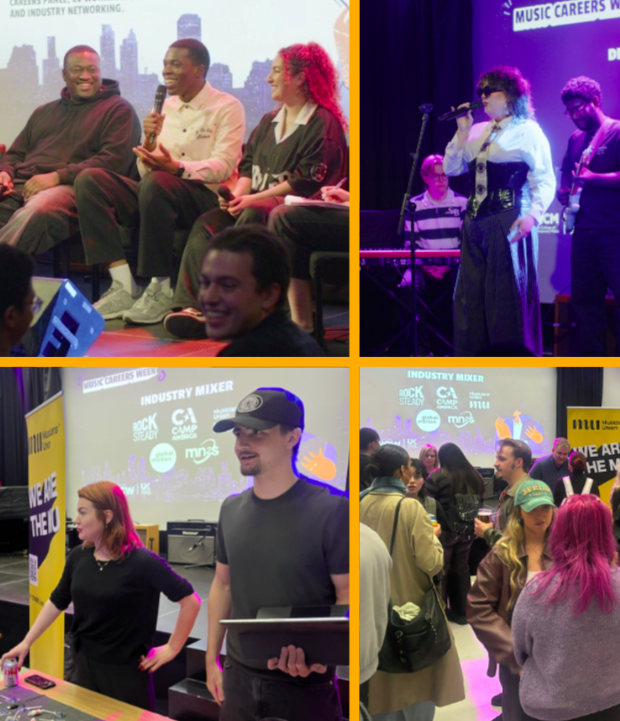 Collage of scenes from LCCM Music Careers Week, featuring panel discussions, live music performances, networking sessions, and attendees engaging with industry professionals at a music careers and industry event.