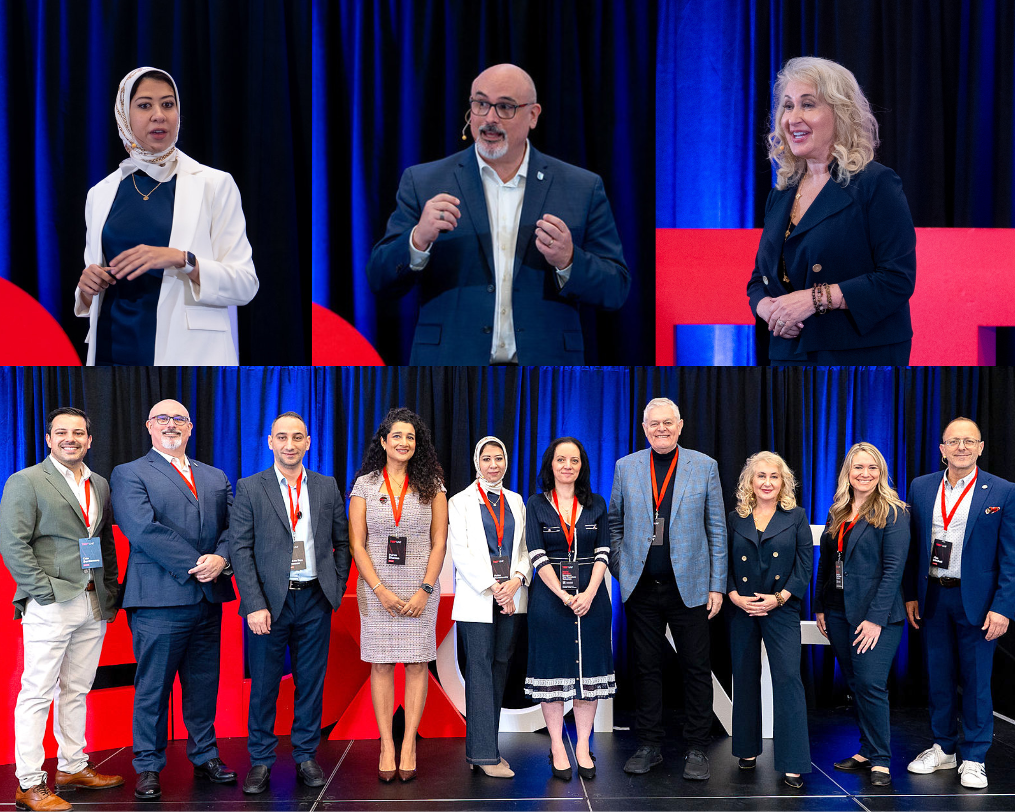 Collage of speakers and attendees at a TEDx-style event, featuring three individuals presenting on stage and a group photo of participants wearing conference badges in front of large TEDx letters and blue stage lighting.