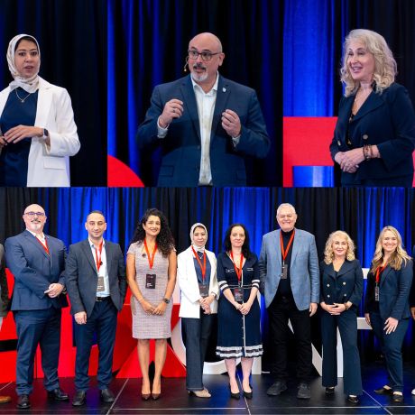 Collage of speakers and attendees at a TEDx-style event, featuring three individuals presenting on stage and a group photo of participants wearing conference badges in front of large TEDx letters and blue stage lighting.