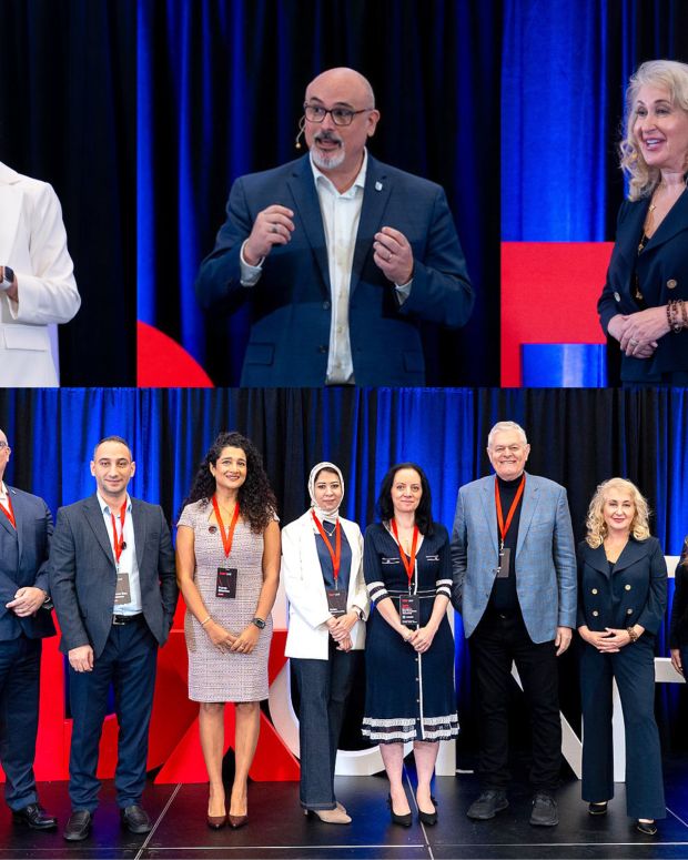 Collage of speakers and attendees at a TEDx-style event, featuring three individuals presenting on stage and a group photo of participants wearing conference badges in front of large TEDx letters and blue stage lighting.