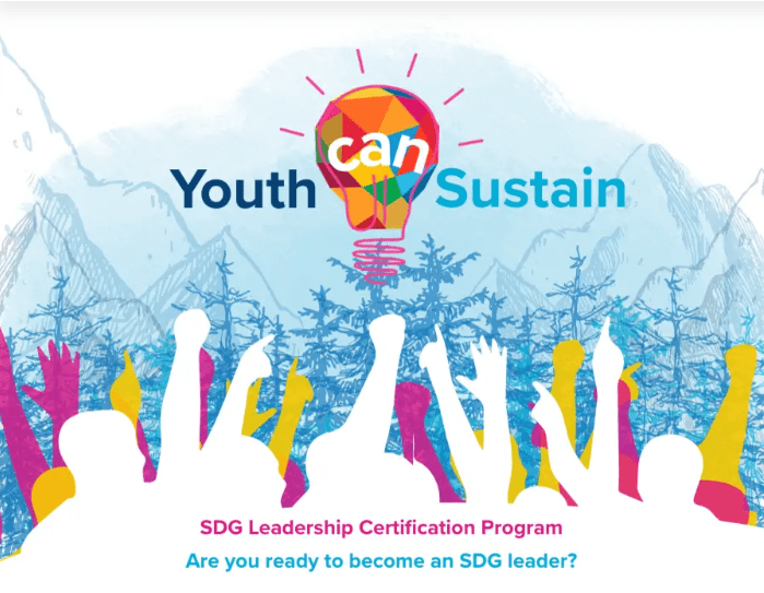Youth Can Sustain promotional graphic featuring a colorful lightbulb logo above a crowd of raised hands, with text about an SDG Leadership Certification Programme and becoming an SDG leader.