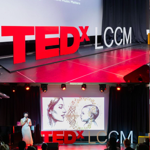 Collage of scenes from a TEDxLCCM event, featuring TEDx stage branding, audience members watching presentations, a speaker delivering a talk on stage, and live musical performances at the London College of Contemporary Music.