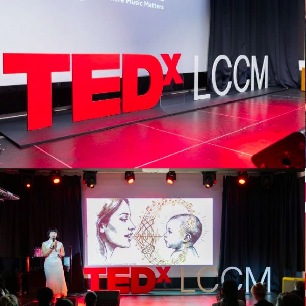 Collage of scenes from a TEDxLCCM event, featuring TEDx stage branding, audience members watching presentations, a speaker delivering a talk on stage, and live musical performances at the London College of Contemporary Music.