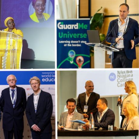 Collage of speakers and attendees at an international higher education conference, featuring keynote presentations, panel discussions, networking moments, and participants from global education and industry organisations.