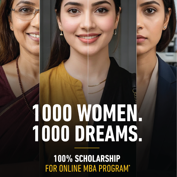 Promotional graphic featuring portraits of three women from different professional backgrounds alongside the text “1000 Women. 1000 Dreams.” advertising a 100% scholarship for an online MBA programme.