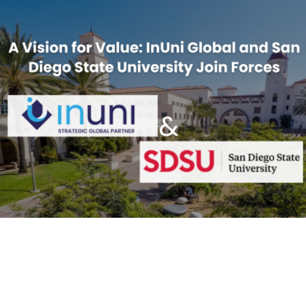 Promotional graphic announcing a partnership between InUni Global and San Diego State University, featuring both organisations’ logos over a university campus background.