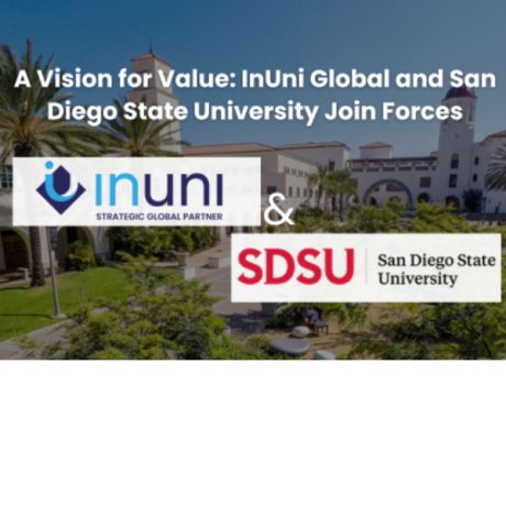 Promotional graphic announcing a partnership between InUni Global and San Diego State University, featuring both organisations’ logos over a university campus background.