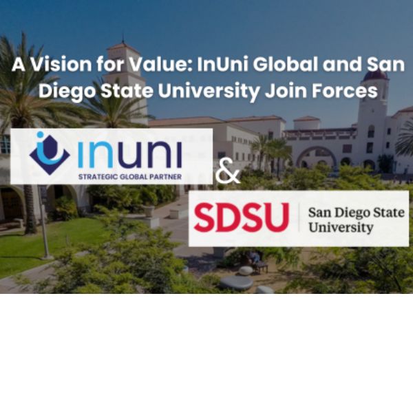 Promotional graphic announcing a partnership between InUni Global and San Diego State University, featuring both organisations’ logos over a university campus background.