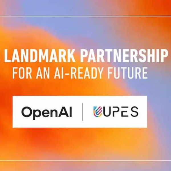 “Promotional graphic announcing a landmark partnership between OpenAI and UPES for an AI-ready future, featuring both company logos.