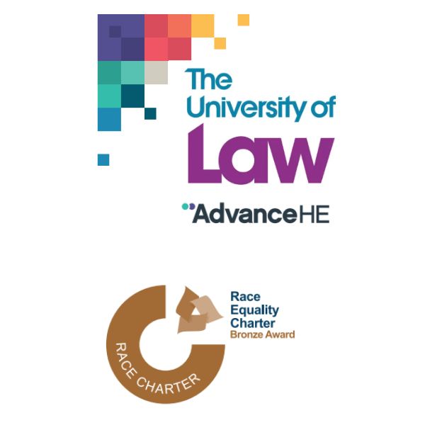 Logos of The University of Law and Advance HE displayed above the Race Equality Charter Bronze Award emblem on a light gray background.