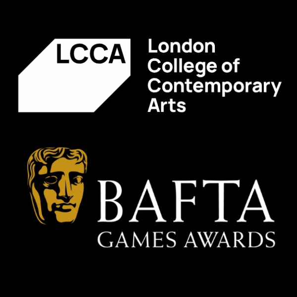 Logo banner featuring the London College of Contemporary Arts (LCCA) alongside the BAFTA Games Awards branding on a black background.