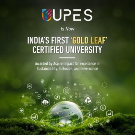 Graphic announcing that UPES has become India’s first “Gold Leaf” certified university, recognised by Aspire Impact for excellence in sustainability, inclusion, and governance.