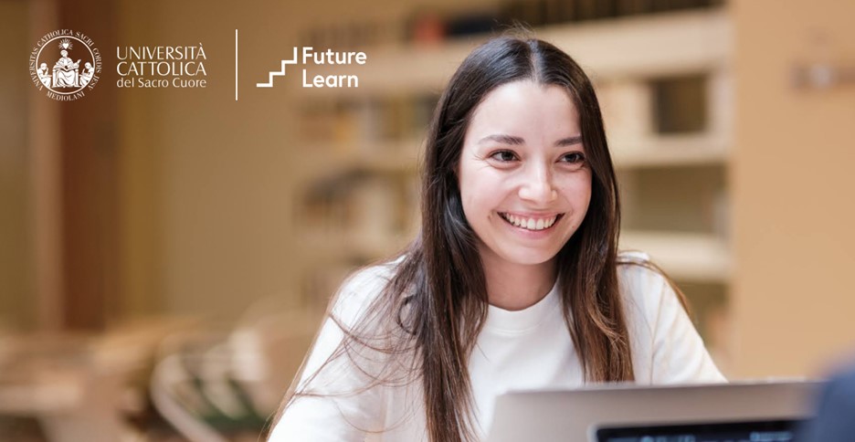 Student using a laptop with Università Cattolica del Sacro Cuore and FutureLearn logos.