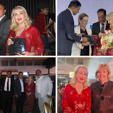 Collage of GUS North America representatives at an awards ceremony.