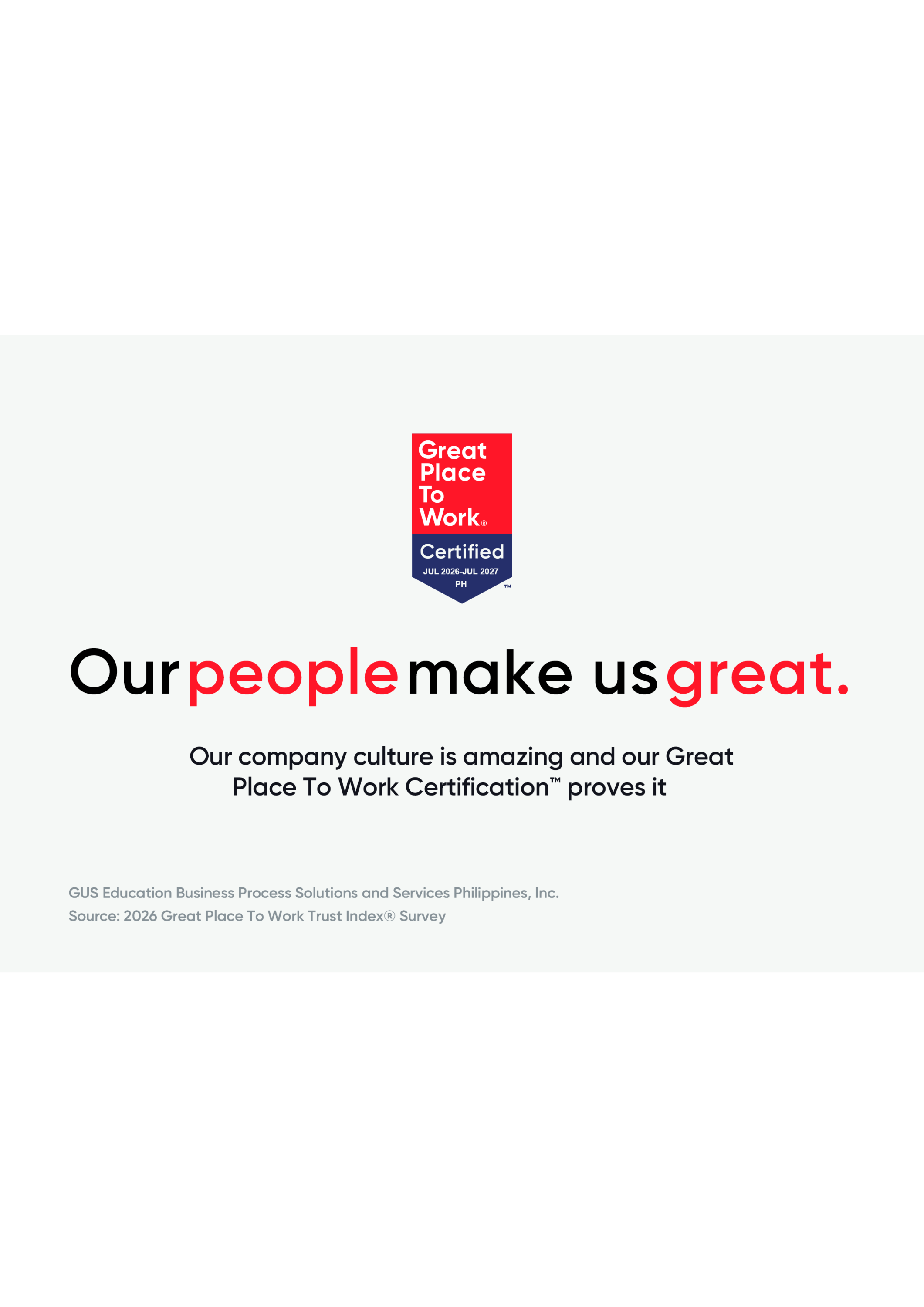 GUS Philippines Great Place to Work certification graphic for 2026–2027.