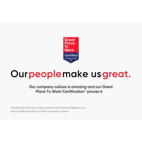 GUS Philippines Great Place to Work certification graphic for 2026–2027.