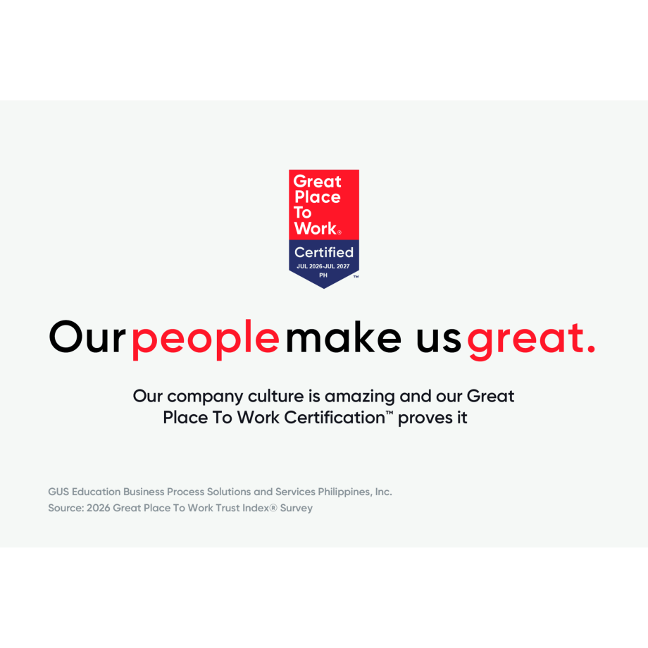 GUS Philippines Great Place to Work certification graphic for 2026–2027.