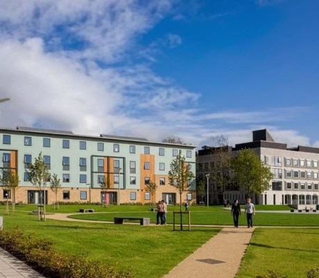 Lancaster University campus buildings and green space.