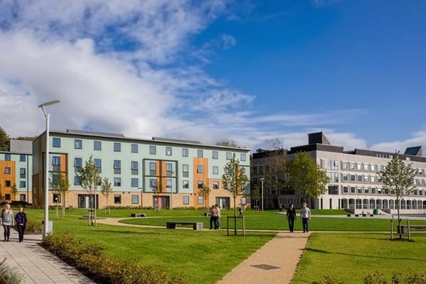 Lancaster University campus buildings and green space.